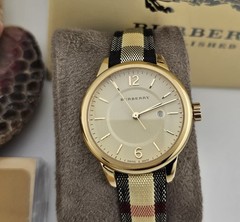 BURBERRY WOMENS WATCH LEATHER FABRIC STRAP WITH GOLD DIAL BU10104 GENUINE