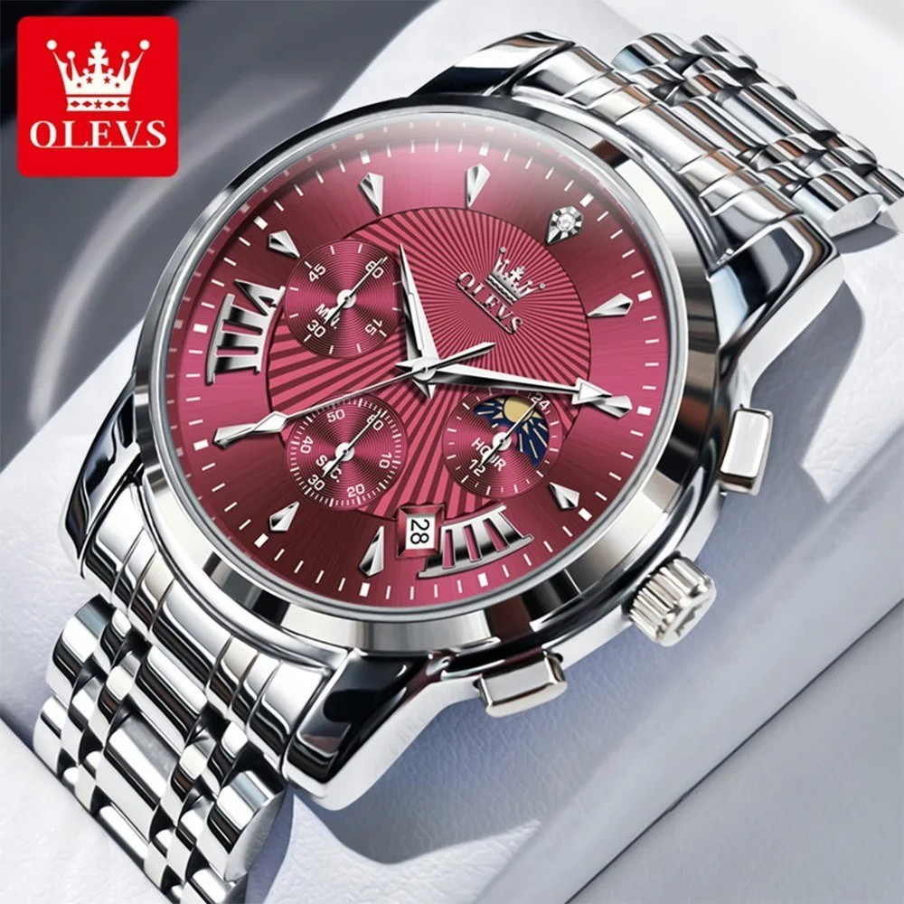 OLEVS Men’s Quartz Watch Red Face Luminous Watch Chronograph Wristwatch