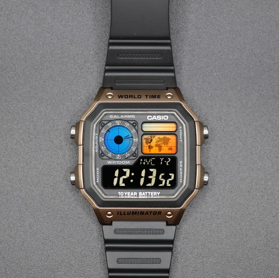 CASIO AE-1200WHD. Royale World Time Watch Mod. Sunset Filter. Negative Display