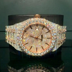 Iced-Out Gem-Set Bezel Round Analog Watch Silver Bracelet Rose Gold Case