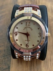 Adrienne Watch Crystals Brown Leather Band Clear Case MOP Face New Battery