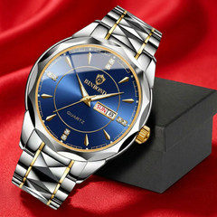 Mens Classic Business Watch Stainless Steel Quartz Blue Dial Luminous Wristwatch