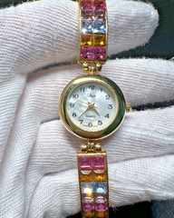 COLLEZIO GOLD TONE & SPARKLY MULTI COLOR GEMS QUARTZ WATCH, NEW BATTERY H874