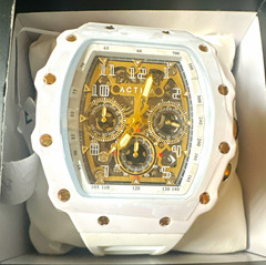 ACT Tonneau Skeleton Dial Multi-Dial Quartz Watch White Rubber Strap