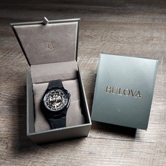 Bulova Men’s Maquina Automatic Black Leather Strap Watch 98A238 | Never Worn