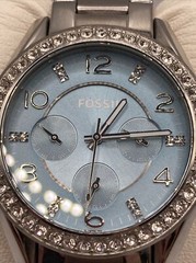 Fossil Women 38mm Watch Blue Dial Rhinestone Silver Tone Day/Date/24h – Runs