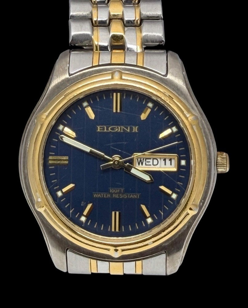 Elgin Watch Men’s 36.3mm Day Date Wrist Watch fct008 New Battery