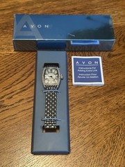 Vintage NOS New In Box Avon Silver Tone Deluxe Status Watch with Rhinestones