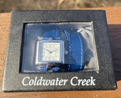 Coldwater Creek Silver Tone Square Blue Leather Double Wrap Watch NWT