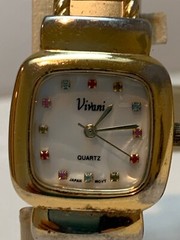 Vivani Watch Gold Tone Mother Of Pearl Face With Rhinestones #HS133 Spring Band