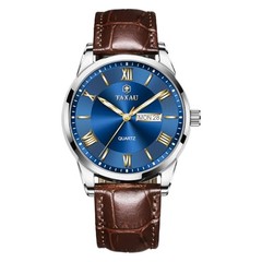 Men’s Dress Watches Waterproof Analog Leather Watch Blue Face-Brown Band-G8408