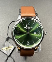 Akribos XXIV AK869GN Time/Date Leather Strap GRN Dial Mens Watch 42mm SHIPS FREE