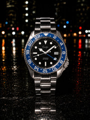 Custom Élan Noir Tempesta Exhibition GMT Watch 41mm Steel Black/Blue NH35 Auto