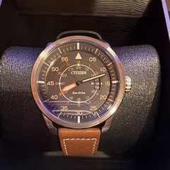 Citizen Eco-Drive Pilot Quartz Date Black Dial Brown Leather Strap Box 100m
