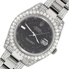 Rolex Datejust II 41mm 10.3CT Pave Diamond Watch with Gray Roman Dial Box Papers