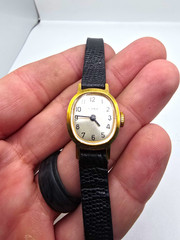 Timex Women’s Analog Cushion Watch Gold Tone Case Silver Dial Black Leather