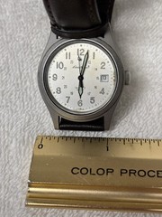 Eddie Bauer Military-Style Field Watch Day/Date French Mov’t Brown Leather Band