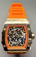 Men’s Analog Sport Watch 42mm Gold Tone Skeleton Dial Orange Silicone Band – NEW