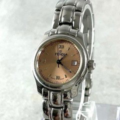 Fendi 210L Pink Dial Silver Date Ladies Quartz Wristwatch Japan 0715314