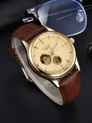 LONGLUX Mechanical Skeleton Watch Men Business Leather Band Roman Numerals 3Bar