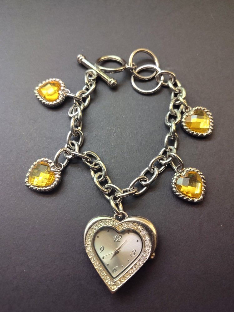 Charm Bracelet Rhinestone Lined Silvertone Heart Watch Faux Citrine Faceted Gem