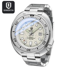 44MM QINGXIYA Tuna Quartz Mens Watch Stainless Steel 30M Waterproof Luminous NEW
