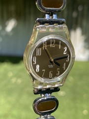 vtg Swatch Watch Clear 2002 Steel + Brown Works New Battery