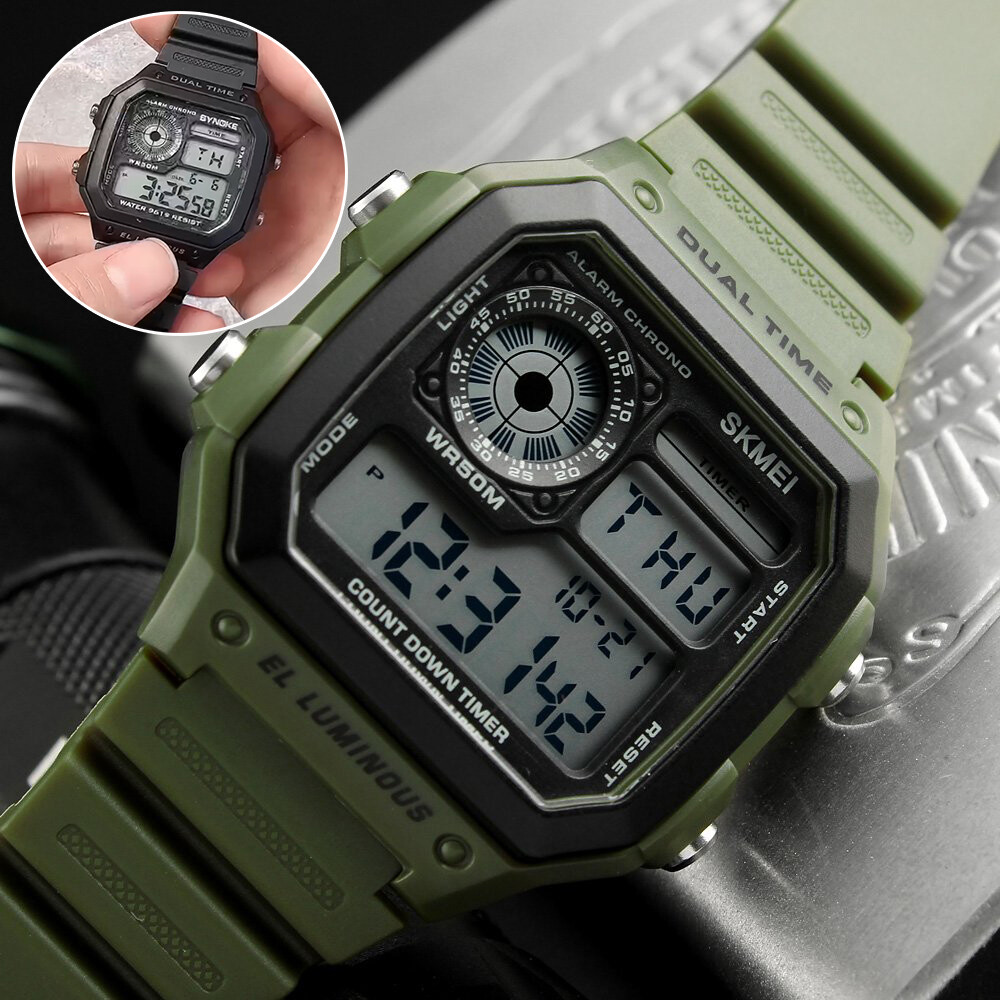 Army Green Mens Digital Watch Multifunction Waterproof Casual Wristwatch Sports