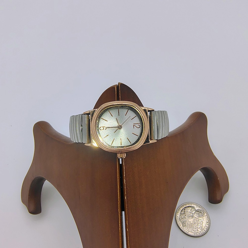 Silvertone Stretch Band Copper Tone Bezel Case Silver Dial Watch NEW BATTERY