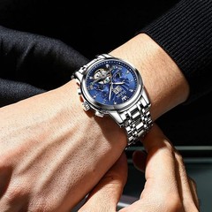 OLEVS Men’s Automatic Skeleton Watch Blue Dial Waterproof Date Calendar