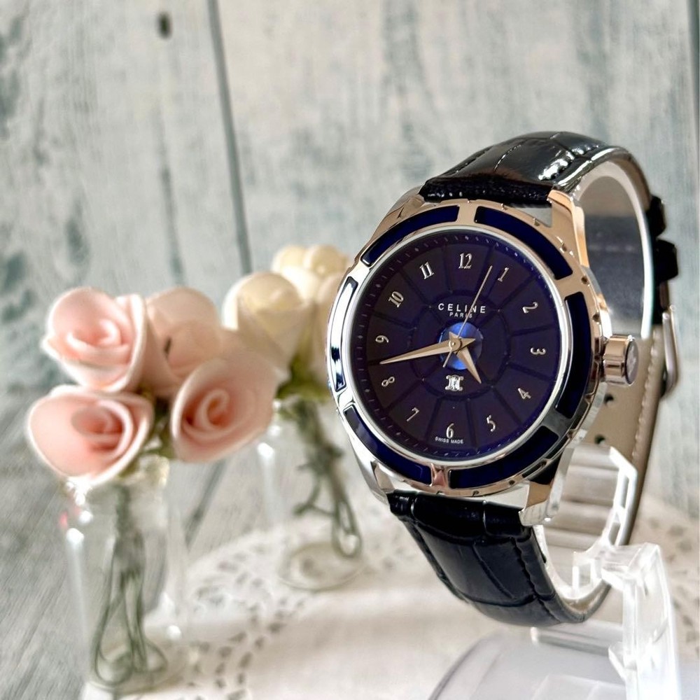 Celine Men’s Navy Watch Round Battery Replaced Genuine Cleaned Used