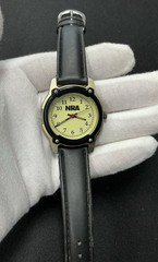NRA Europa Quartz Watch Black Bezel Gold Tone Case Leather Band Mens New Battery