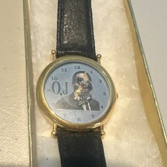 OJ Theme Celebrity Analog Wristwatch Gold Case Black Leather Band Blue Dial Box