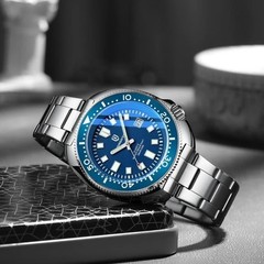 44MM QINGXIYA Tuna Quartz Mens Watch Stainless Steel 30M Waterproof Luminous NEW