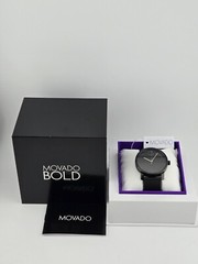 $595 MSRP | Movado Bold Access Men’s Black Dial Leather Band Watch – 3600918