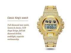 18K Gold IPS Plated LED Digital Hip Hop Bling Ice out Mens Watch Iced Cz Diamond