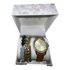 Jessica Carlyle Gold-Tone Brown Studded Strap Analog Watch & Bracelets New