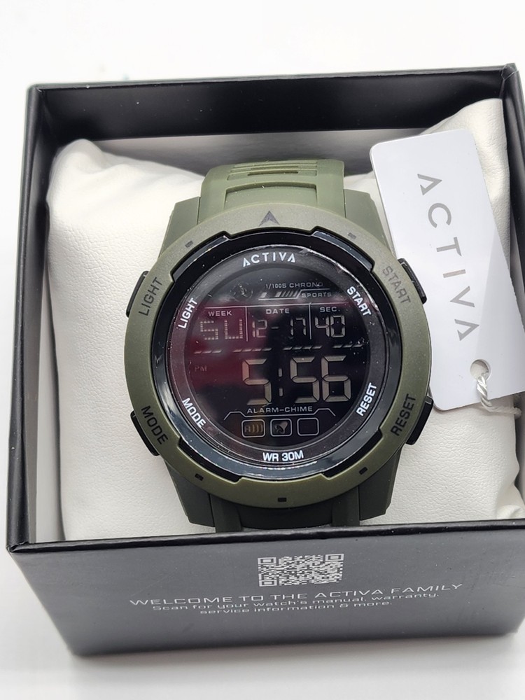 NIB Activa Digital Watch Army Green- Blue Backlit- Working – 30M Water Resistant