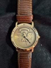 E Pluribus Unum Eagle Coin Dial Quartz Watch Gold Tone Brown Leather Strap