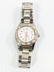 Scrub Stuff Silver Tone Pink Crystal Ribbon Awareness Women’s Watch 6 Inch