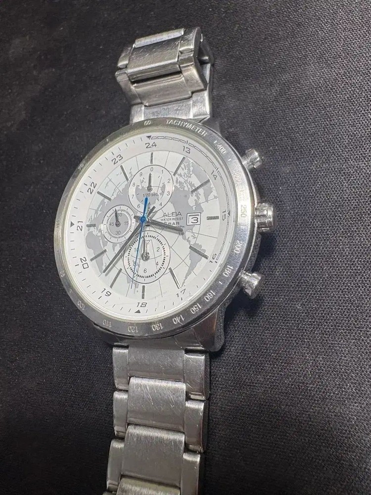 SEIKO ALBA Worldmap Chronograph Watch Silver Metal From Japan