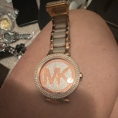 Michael Kors MK Rose Gold-Tone Quartz Logo Dial Gem-Set Bezel Bracelet