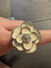 Sophie White Enamel Flower Crystals Stretch Finger Watch Ring NEW Battery