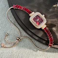 Gorgeous Women’s Red Quartz Watch with Gold Bracelet and Crystal Accents
