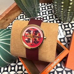 NEW TORY BURCH Reva Dark Red Leather Band Gold Case 36mm Watch TBW4041