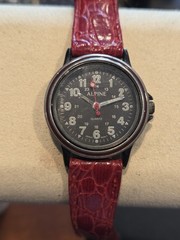 Vintage Alpine Watch Black Dial Red Band Works New Battery C70