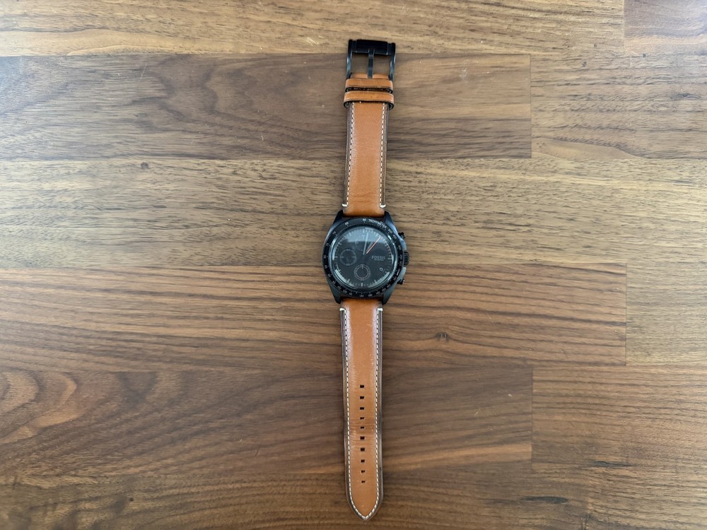 Fossil Sport 54 Black 1/10 Sec Chronograph 42mm Watch Leather CH3050 New Battery