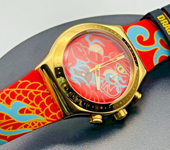 Swatch Year of The Dragon in Motion Chronograph Watch YVZ100 Gold Tone Near Mint
