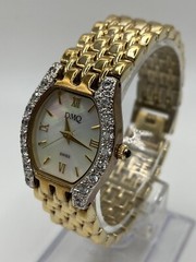 DMQ Swiss Ladies Mother Of Pearl Crystal Bezel Gold Tone Watch New Batt