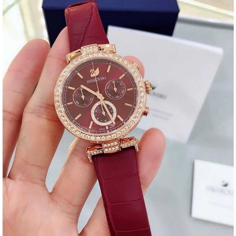 Swarovski 5416701 Era Journey Crystal Rose Gold Dial Red Leather Strap Watch NWT